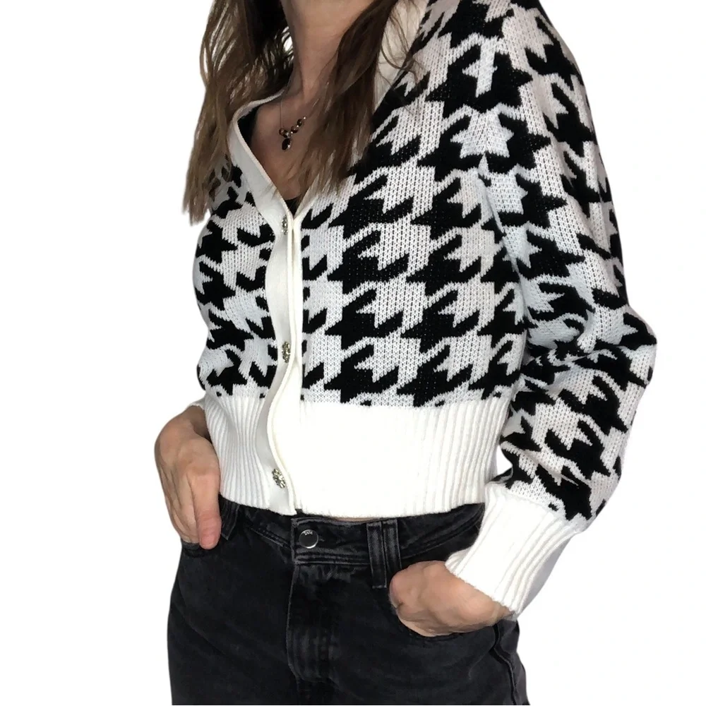 Houndstooth Cropped Jewel Button Cardigan Sweater SzM Cotton Blend Classic Retro